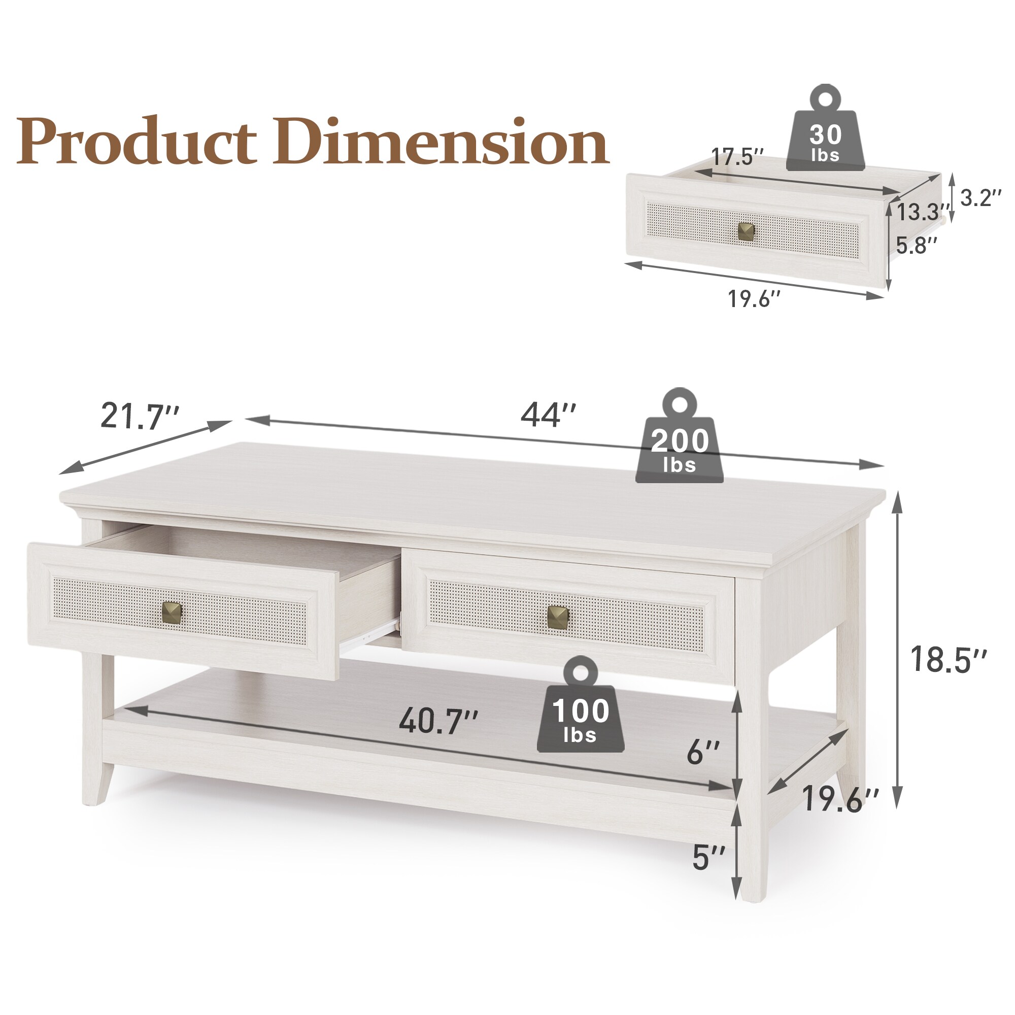 Farmhouse Coffee Table, Boho Tea Table With 2 Rattan Decor Drawers, Accent Center Sofa Table With Storage Shelf, 2 Tier Coffee Table For Bedroom, Living Room, Home Office, Grayish White_voghion.com